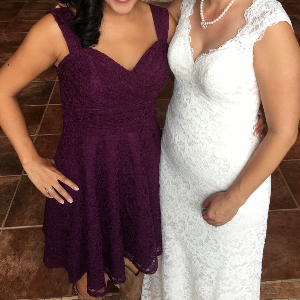 Plum mid length bridesmaid dress
